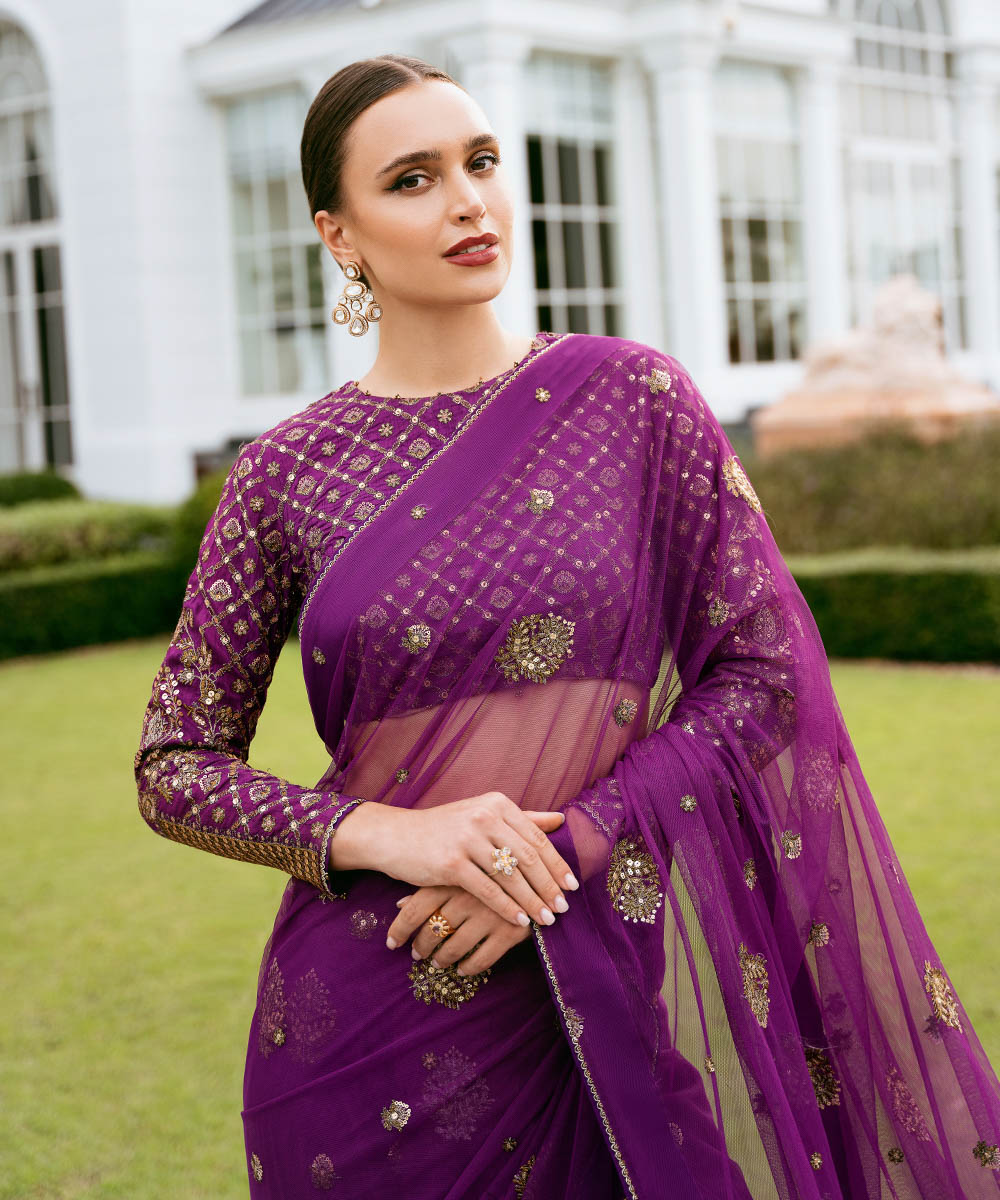 Sapphire Festive Unstitched Collection | 3SFELX24V644 Purple Saree - Image 5