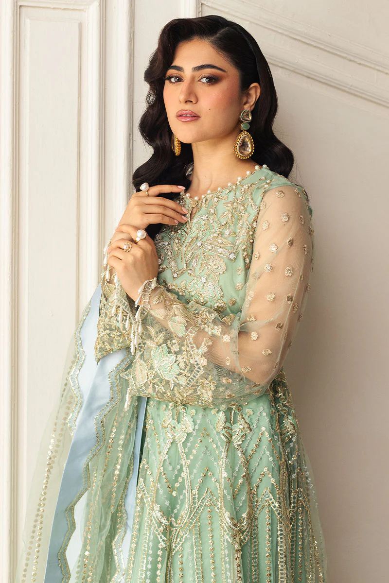 Hemline Aura Debut Wedding Unstitched by Mushq | Pistachio - Image 3