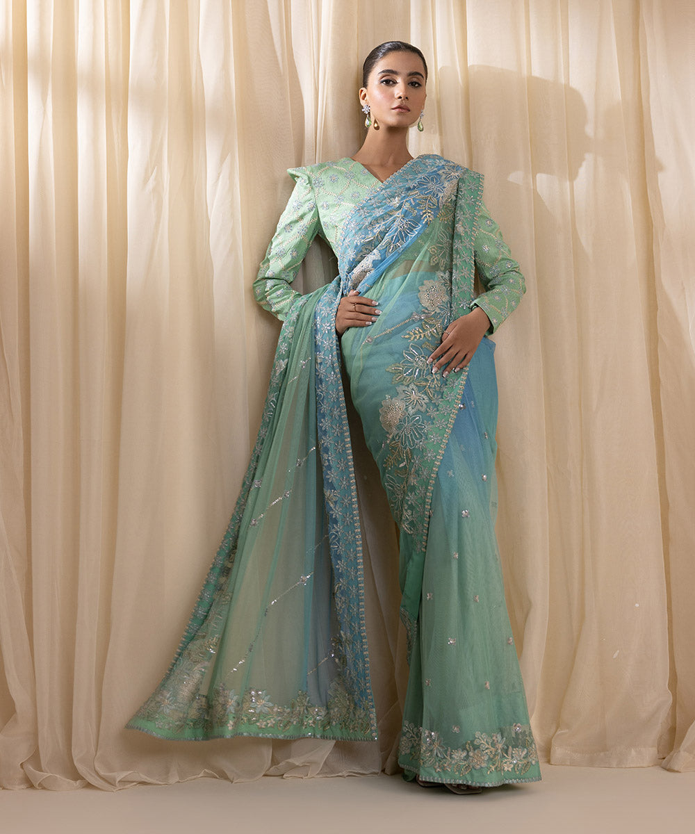 Sky Blue and Mint Ombre Saree | 3SFELX24V651 - Image 2