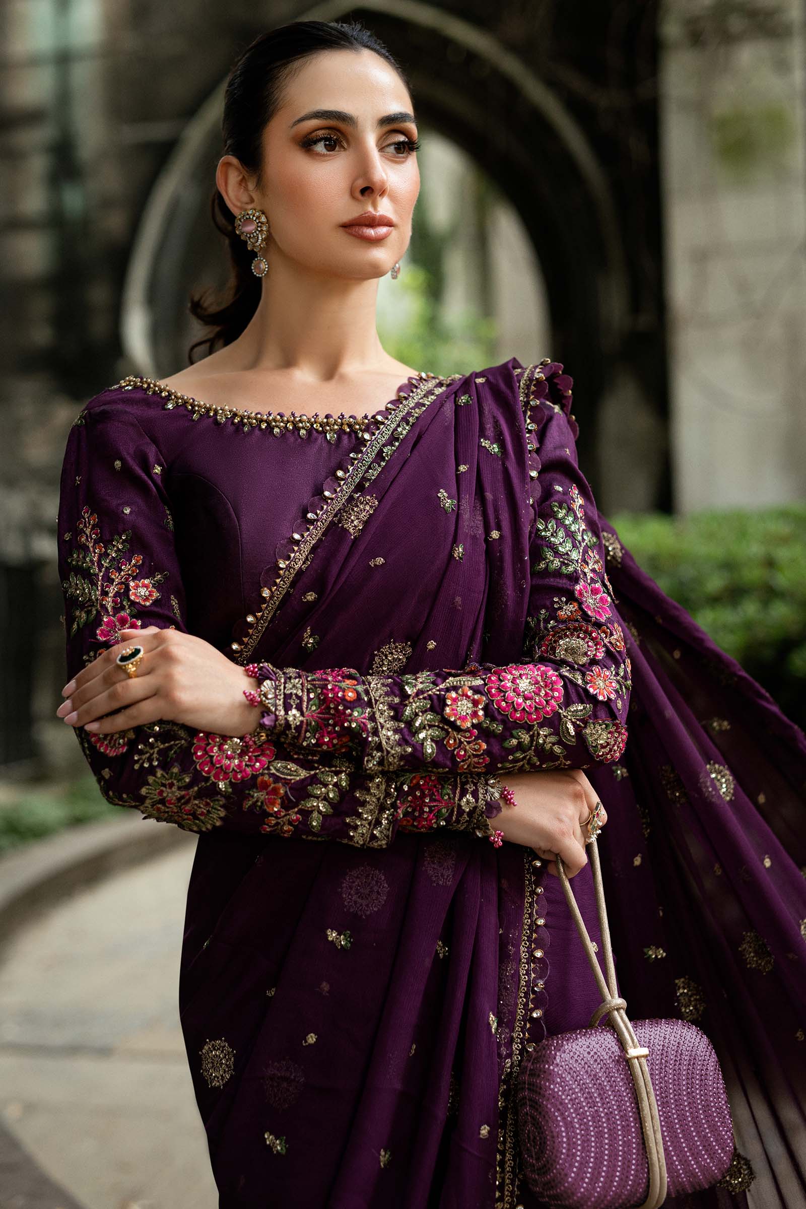 MARIA B Soiree Unstitched Embroidered Chiffon Saree WF-09-01-Purple - Image 4
