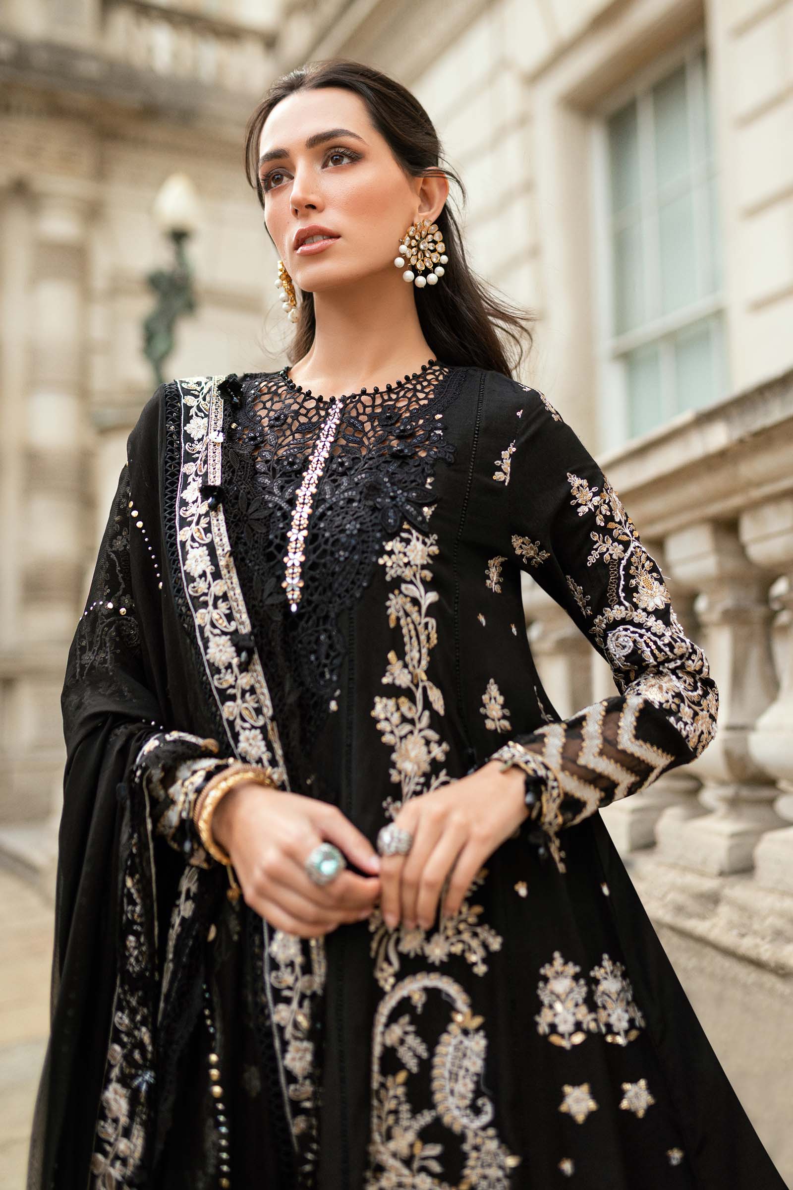 MARIA B Soiree Unstitched Embroidered Raw Silk Suit WF-09-03-Black - Image 8