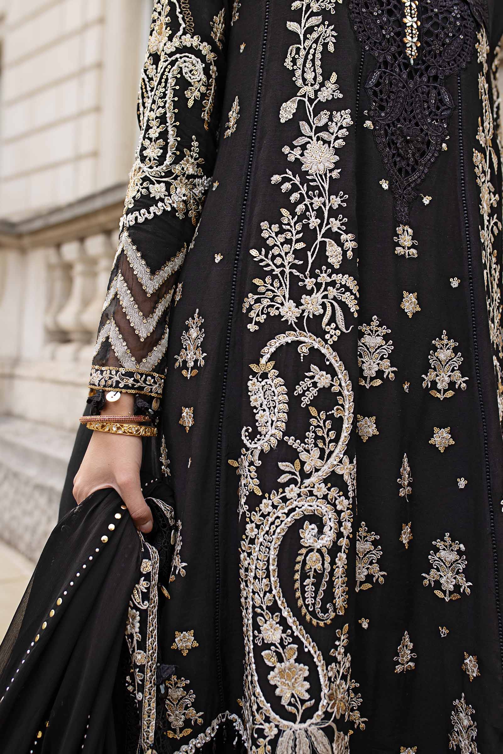 MARIA B Soiree Unstitched Embroidered Raw Silk Suit WF-09-03-Black - Image 6