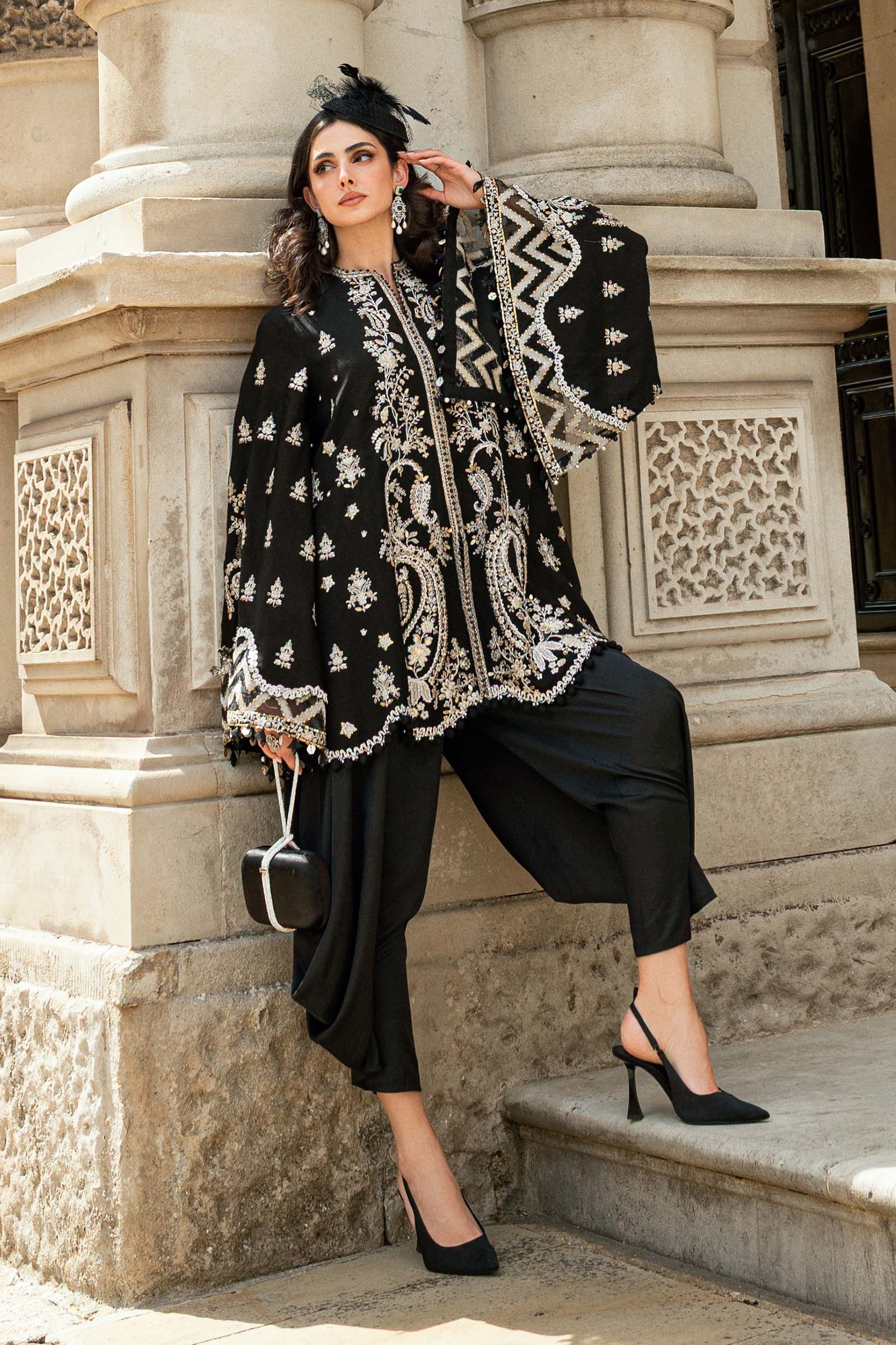 MARIA B Soiree Unstitched Embroidered Raw Silk Suit WF-09-03-Black - Image 2