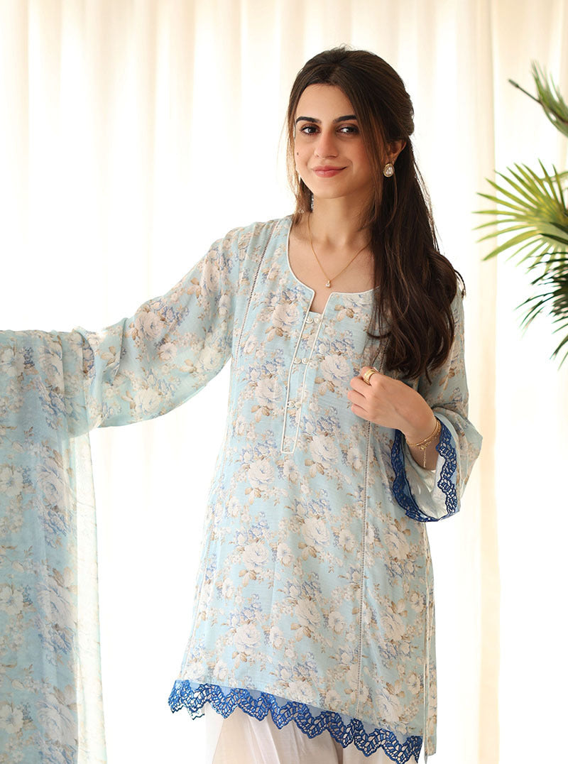 Rangeen Luxury Printed Raw Silk Suit | Hibiscus Glow - Image 3