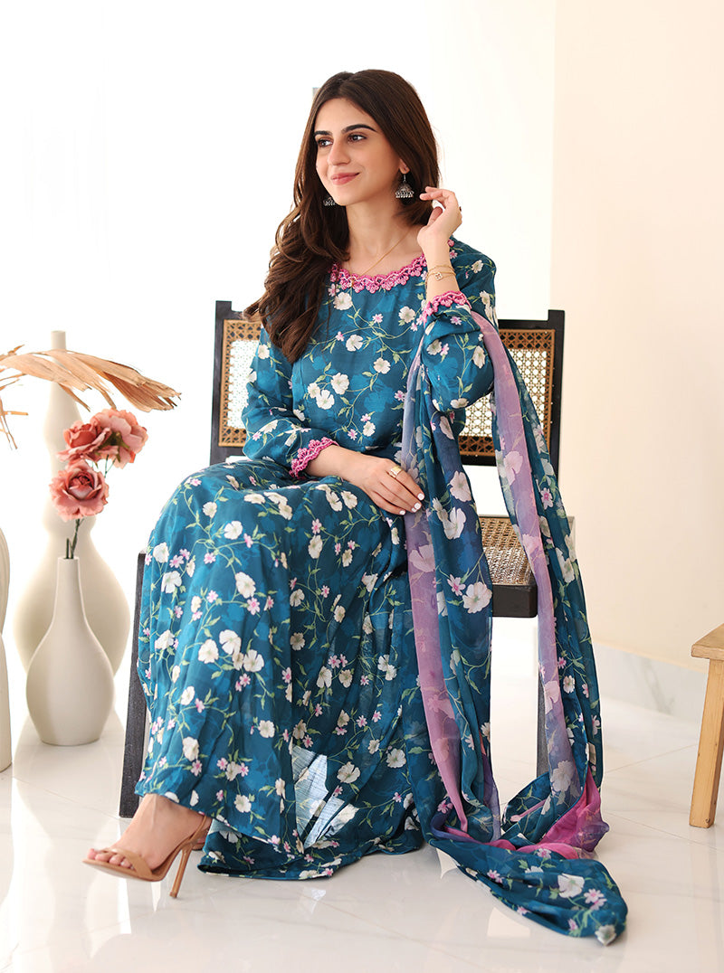 Rangeen Luxury Printed Raw Silk Suit | Floral Charm - Image 2
