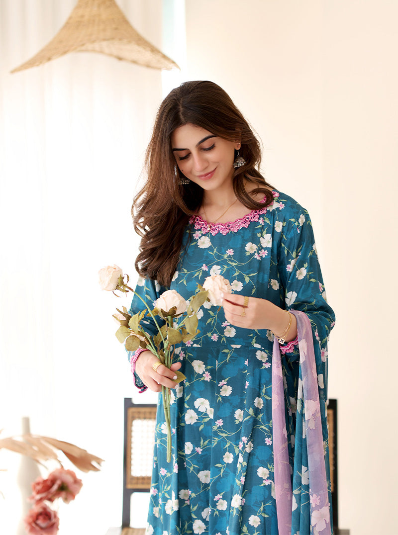 Rangeen Luxury Printed Raw Silk Suit | Floral Charm - Image 3