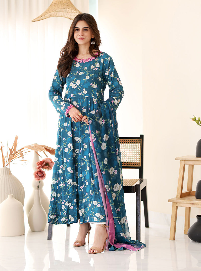 Rangeen Luxury Printed Raw Silk Suit | Floral Charm - Image 4