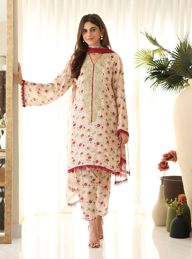 Rangeen Luxury Printed Raw Silk Suit | Tropical Shine - Image 4