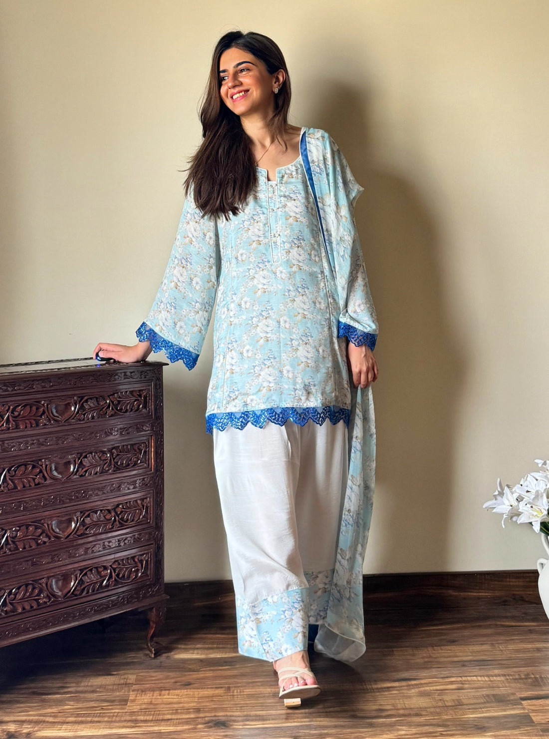 Rangeen Luxury Printed Raw Silk Suit | Hibiscus Glow