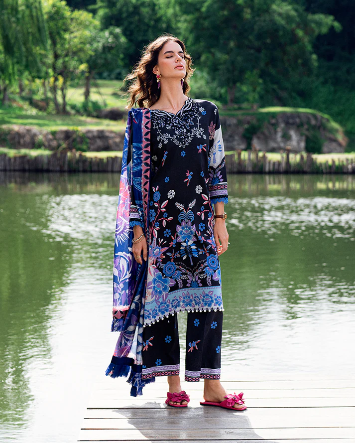 Roheenaz Garden veil Printed Lawn - BlackBerry Frost