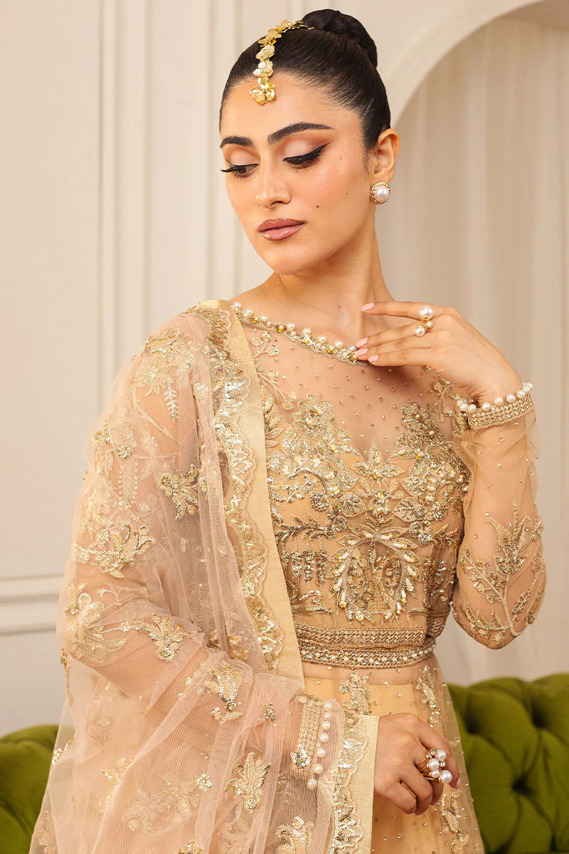 Hemline Aura Debut Wedding Unstitched by Mushq | Chamois - Image 3
