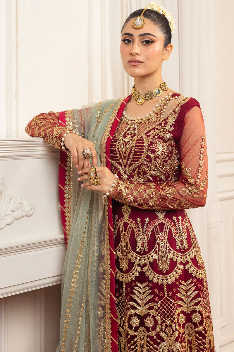 Hemline Aura Debut Wedding Unstitched by Mushq | Scarlet - Image 4