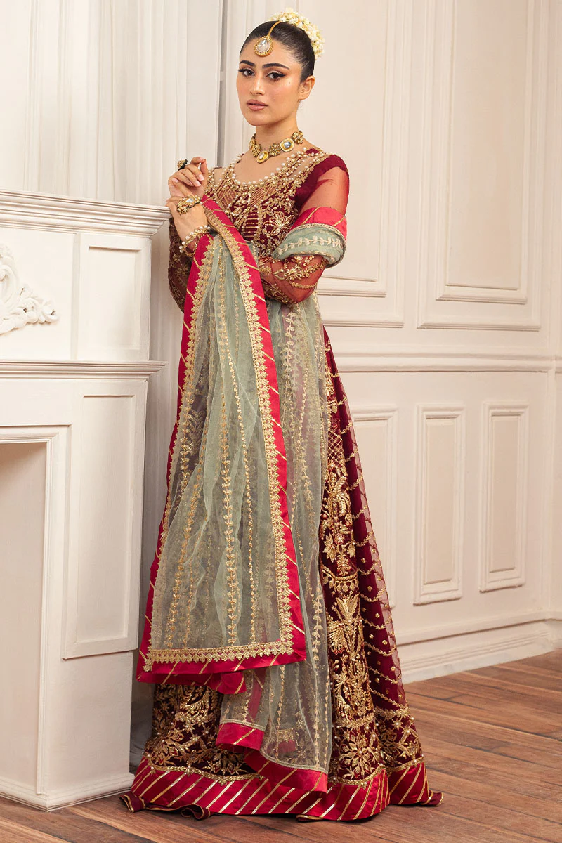 Hemline Aura Debut Wedding Unstitched by Mushq | Scarlet - Image 3