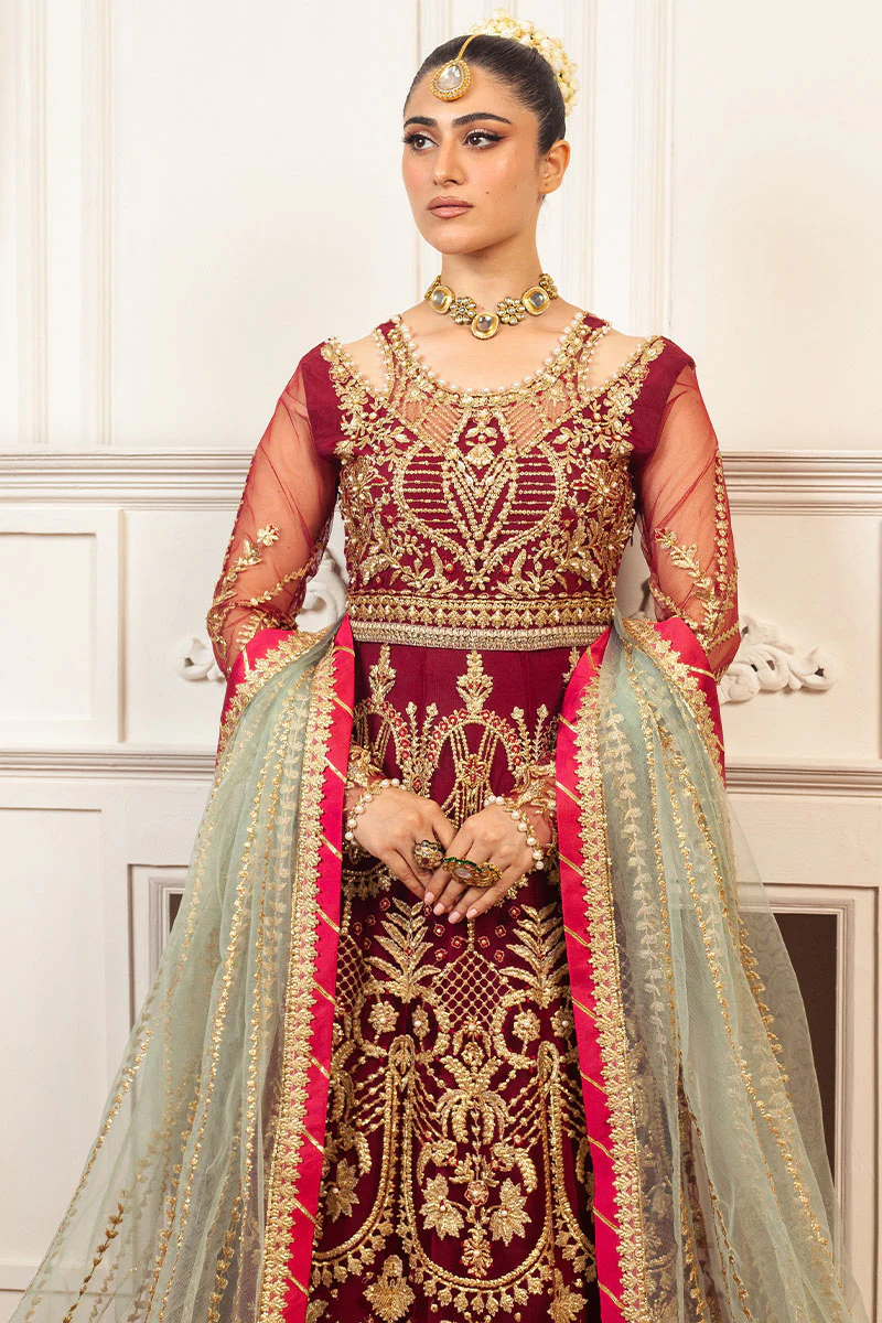 Hemline Aura Debut Wedding Unstitched by Mushq | Scarlet - Image 5