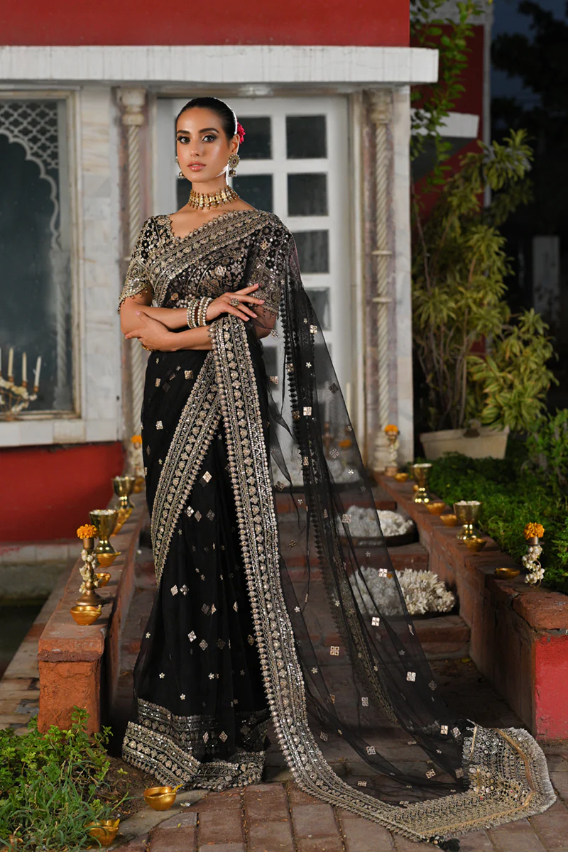 Qalamkar Wedding Formals | Bridal Collection | RF-08 | Black Saree - Image 4
