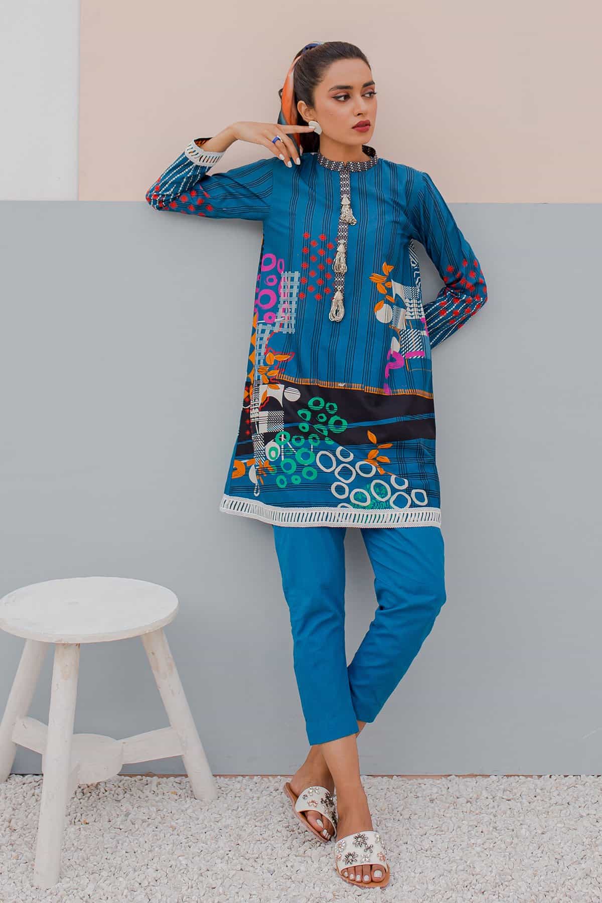 BTW Unstitched Designer Lawn Kurti - Moonit Ocean (GZ-372)