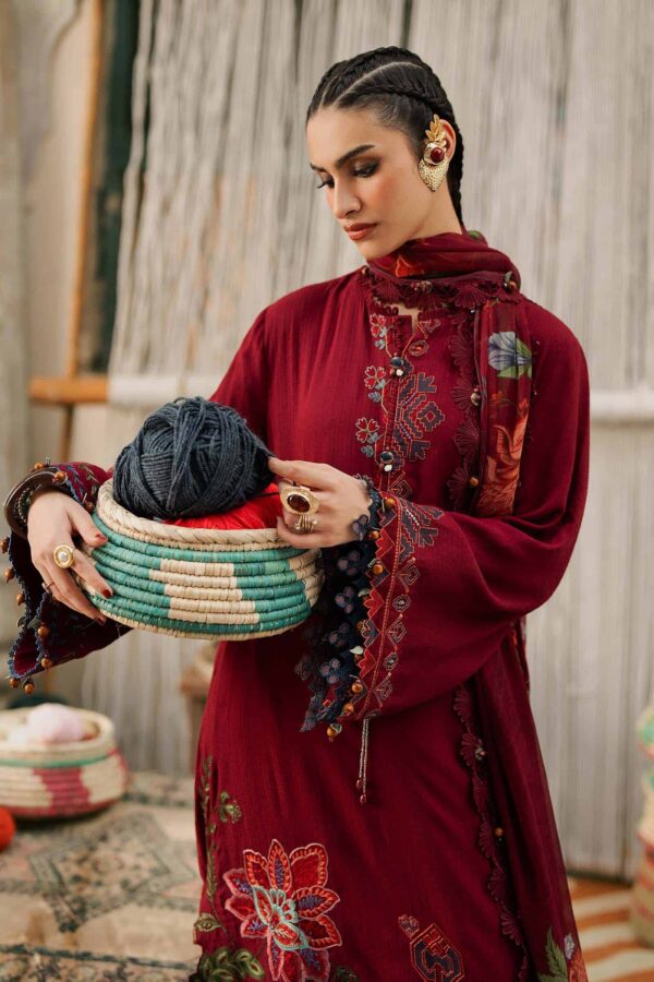 Alternative view of M Prints Maria B | Embroidered Dobby Linen Suit – Maroon (MPT-3110-A)