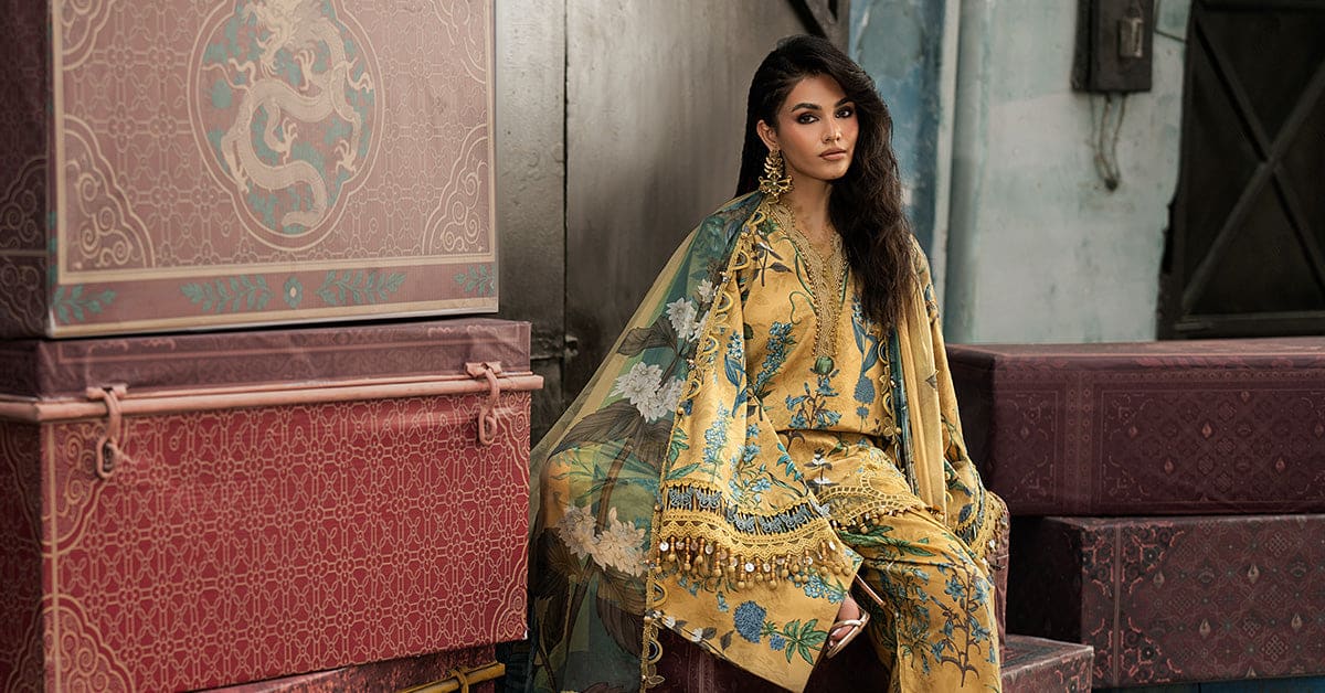 M Prints Maria B | Embroidered Cambric Suit – Mustard (MPT-3106-A) - Image 3
