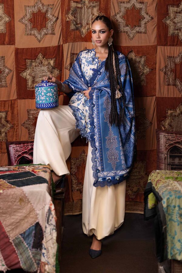 M Prints Maria B | Embroidered Irish Linen Suit – White & Blue (MPT-3108-A)