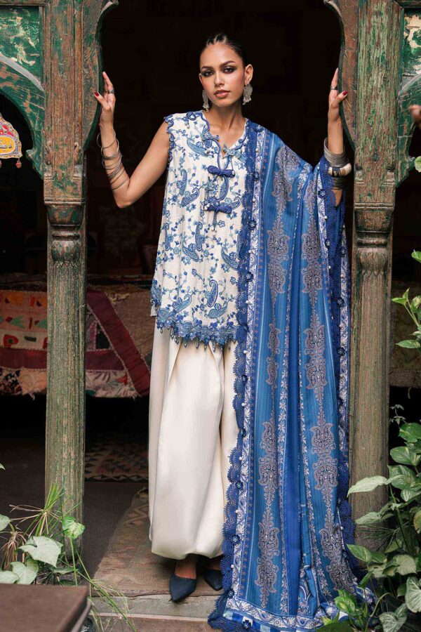 Alternative view of M Prints Maria B | Embroidered Irish Linen Suit – White & Blue (MPT-3108-A)