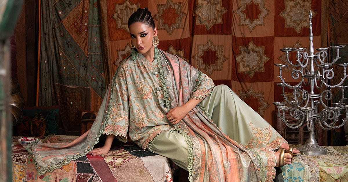 M Prints Maria B | Embroidered Irish Linen Suit – Sea Green (MPT-3108-B) - Image 3